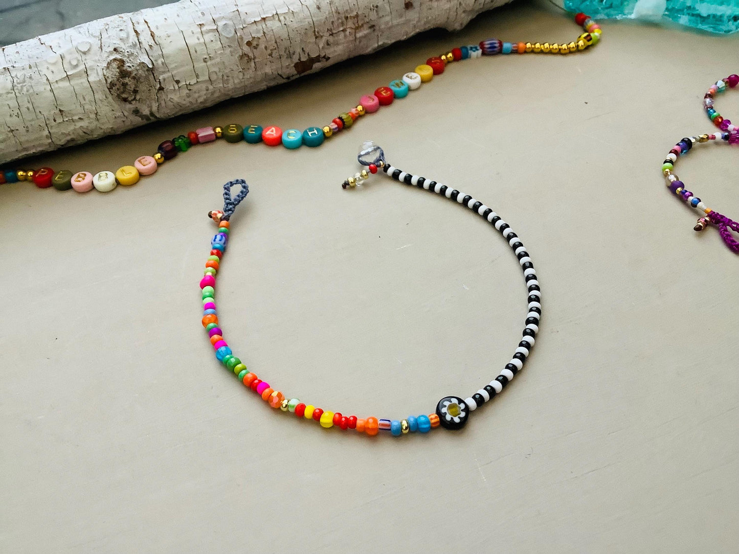 Rio colourful beaded anklet, natural boho metal free jewelry