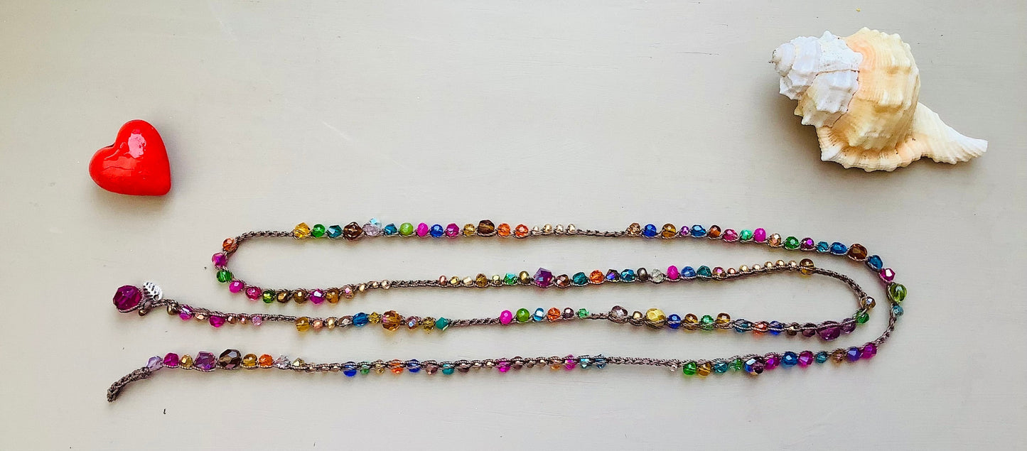 Splash of Pink crocheted wrap bracelet or necklace, natural crocheted jewelry