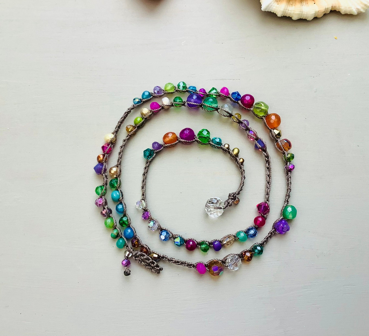 Crocheted Crystal Wrap Bracelet: Boho Beaded Necklace