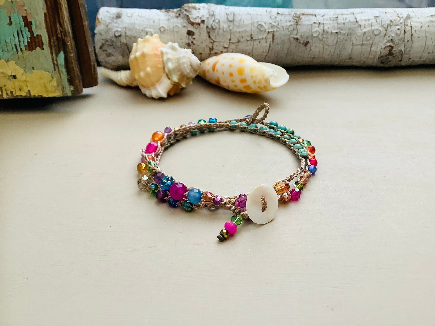 Island girl Turquoise gemstone crystal crocheted 3 times earthy wrap bracelet