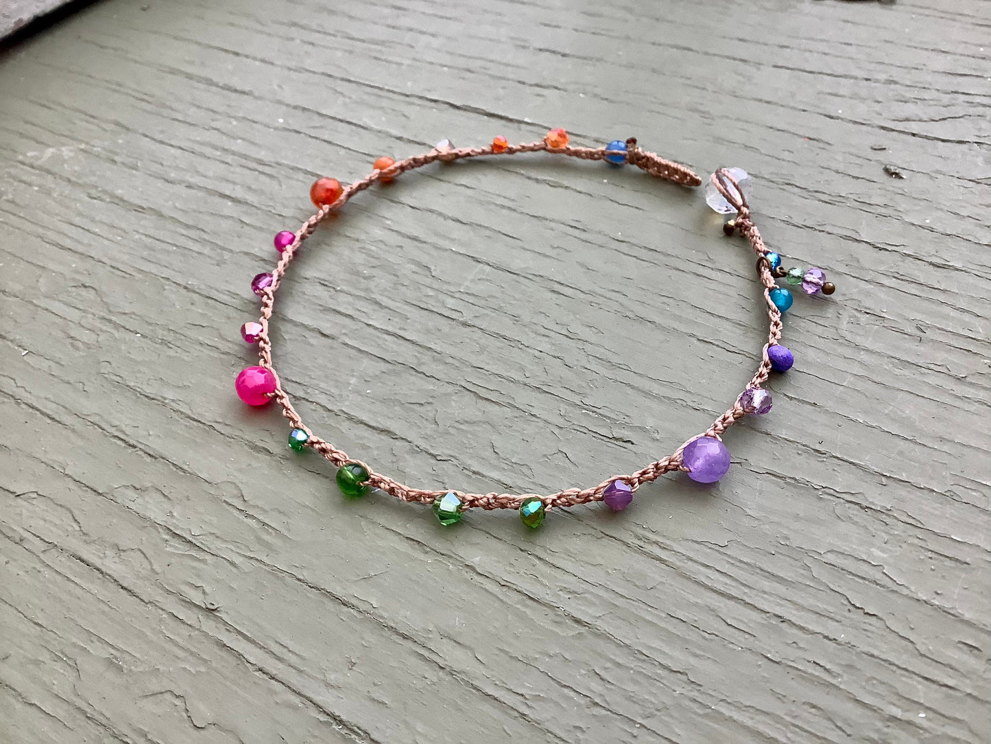Rainbow crocheted anklet, boho, natural jewelry