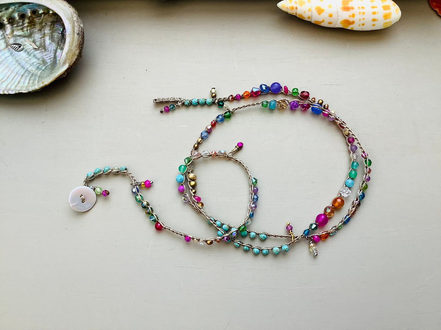 Island girl Turquoise 4 x gemstone crystal crocheted earthy wrap bracelet sable cord