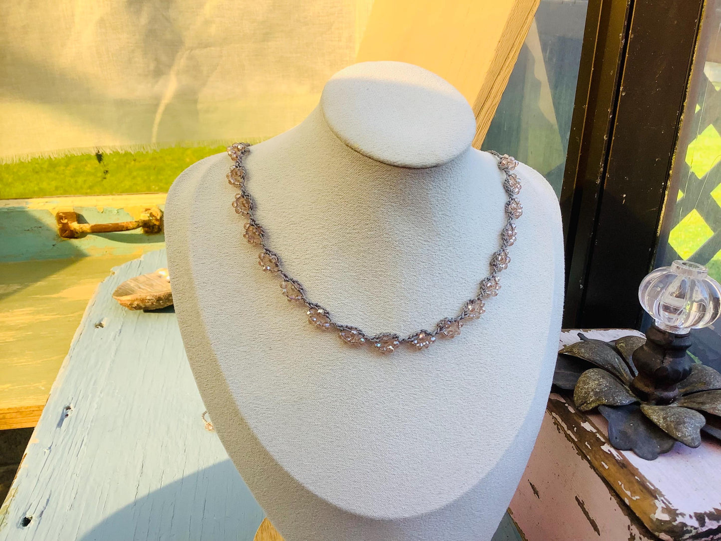 Crocheted Lace Necklace: Turkish Style Champagne Crystals