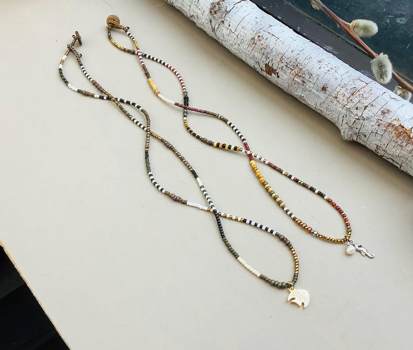 Striped Beaded Necklace: Colorful Delica Glass, Gemstone Pendant