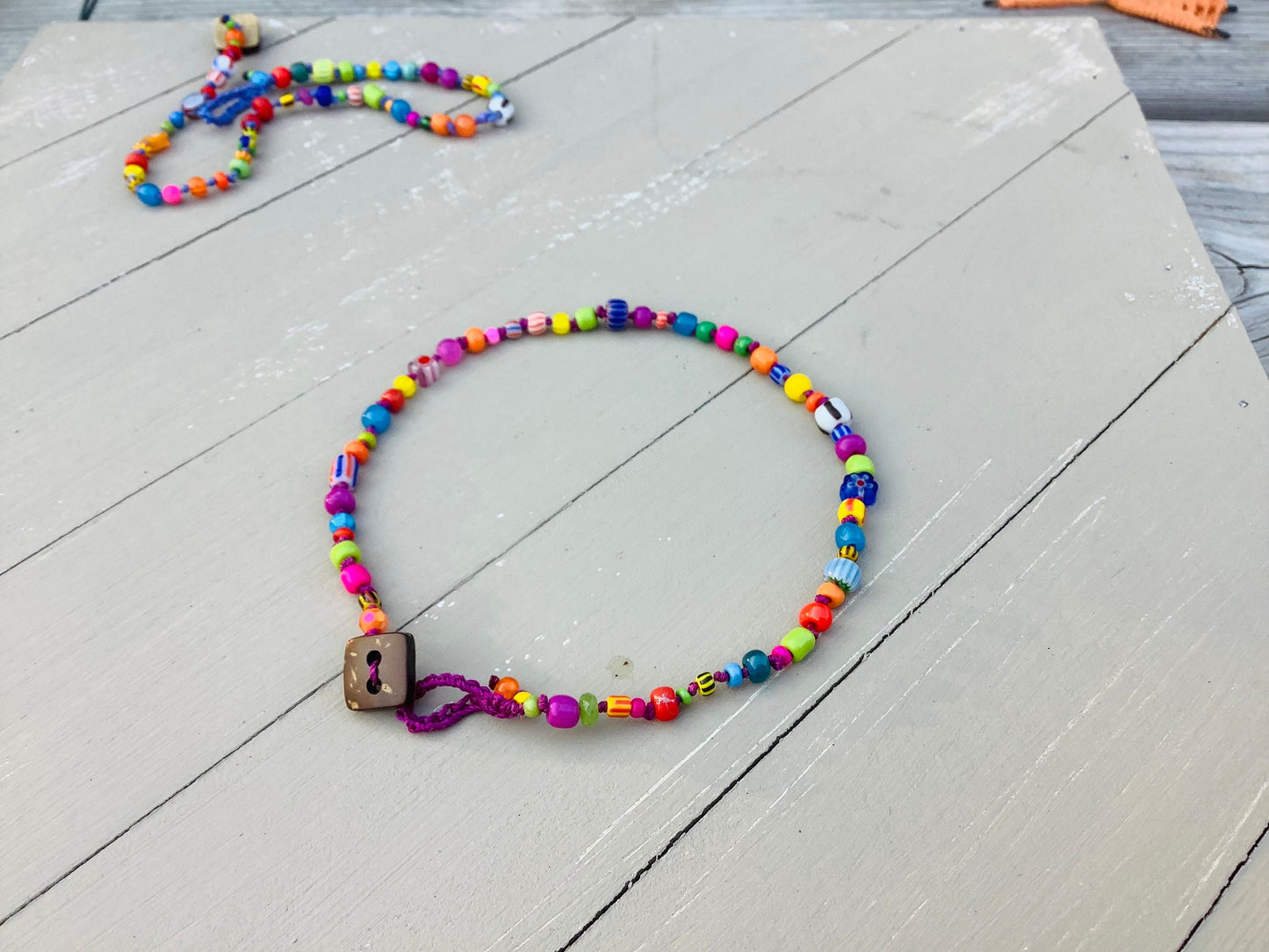 Venetian beaded knotted anklets with coconut button