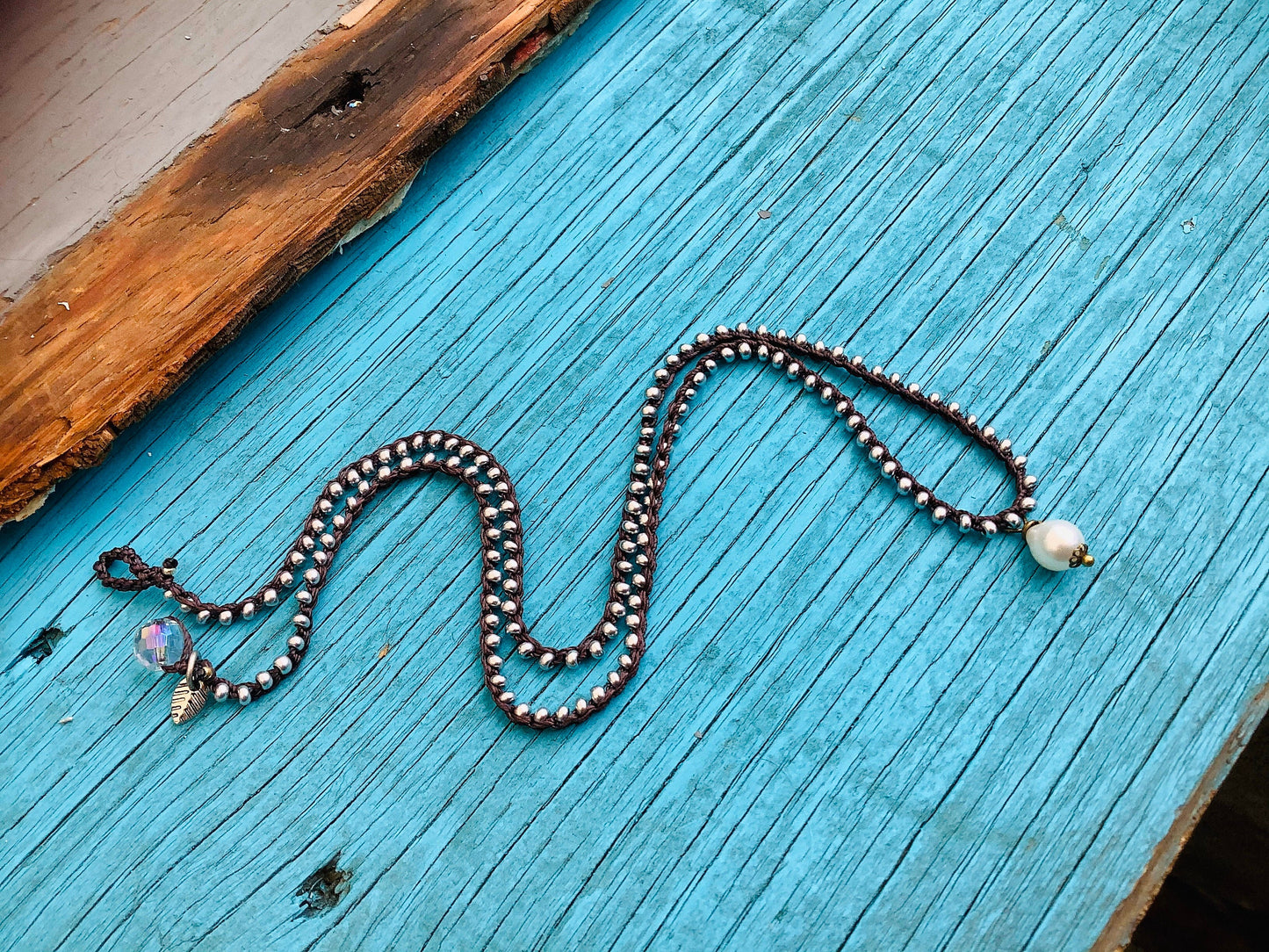 Pearl drop crocheted necklace with silver beads, minimalist, tiny necklace