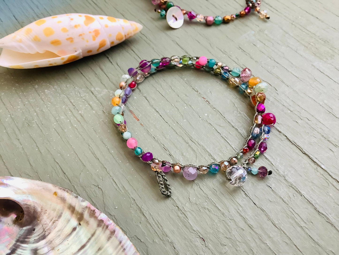 Double crocheted bracelets with crystals and gemstones