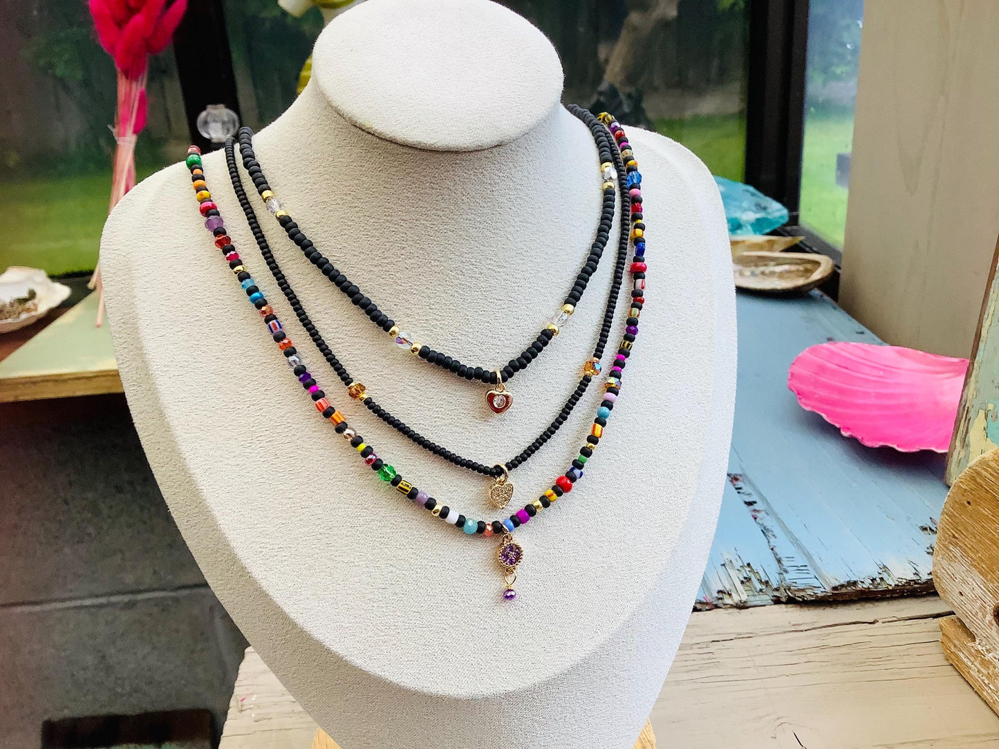 Matte black stacking seed bead and crystal necklaces