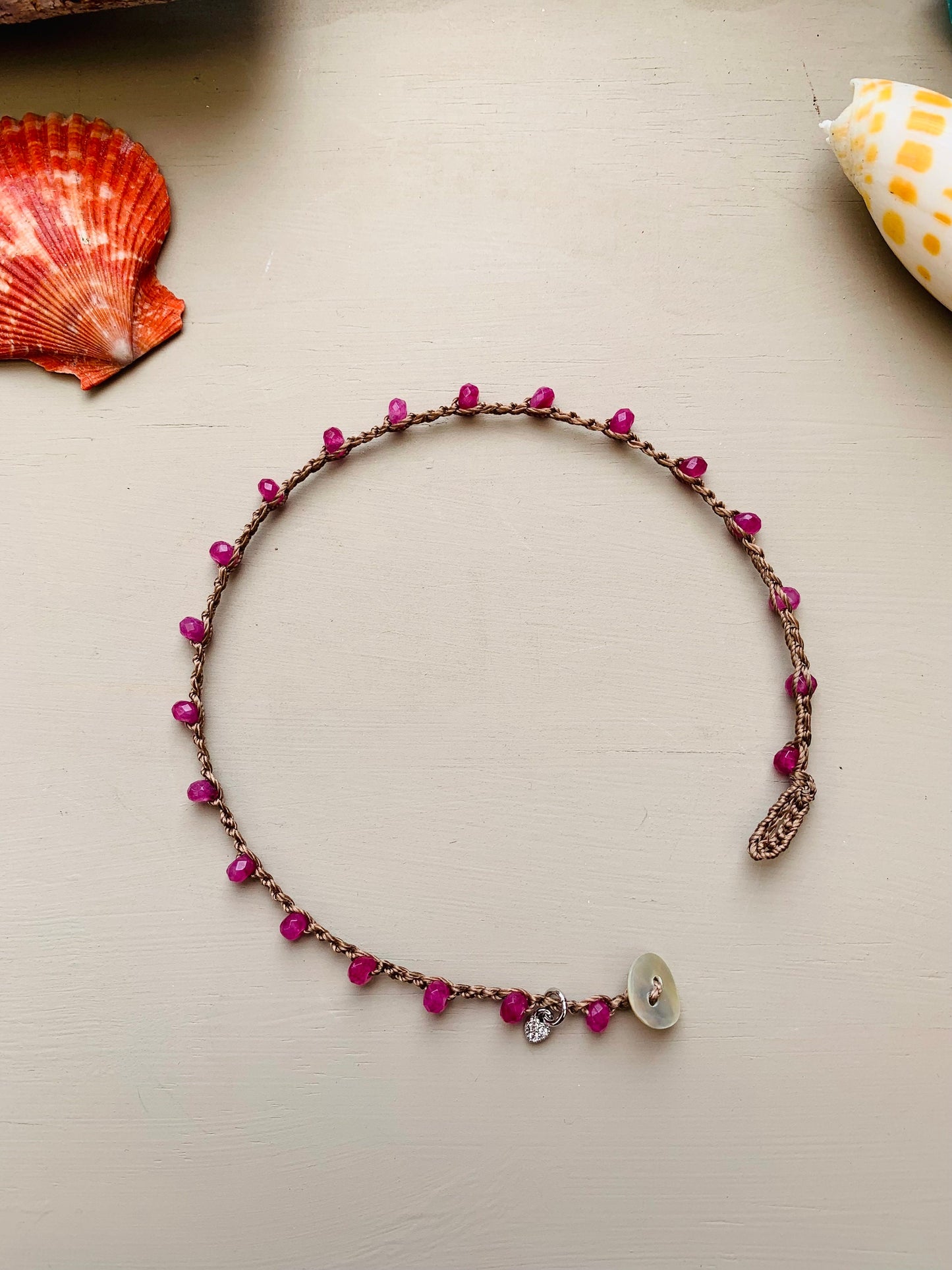 Pink jade crocheted anklet, boho, natural jewelry