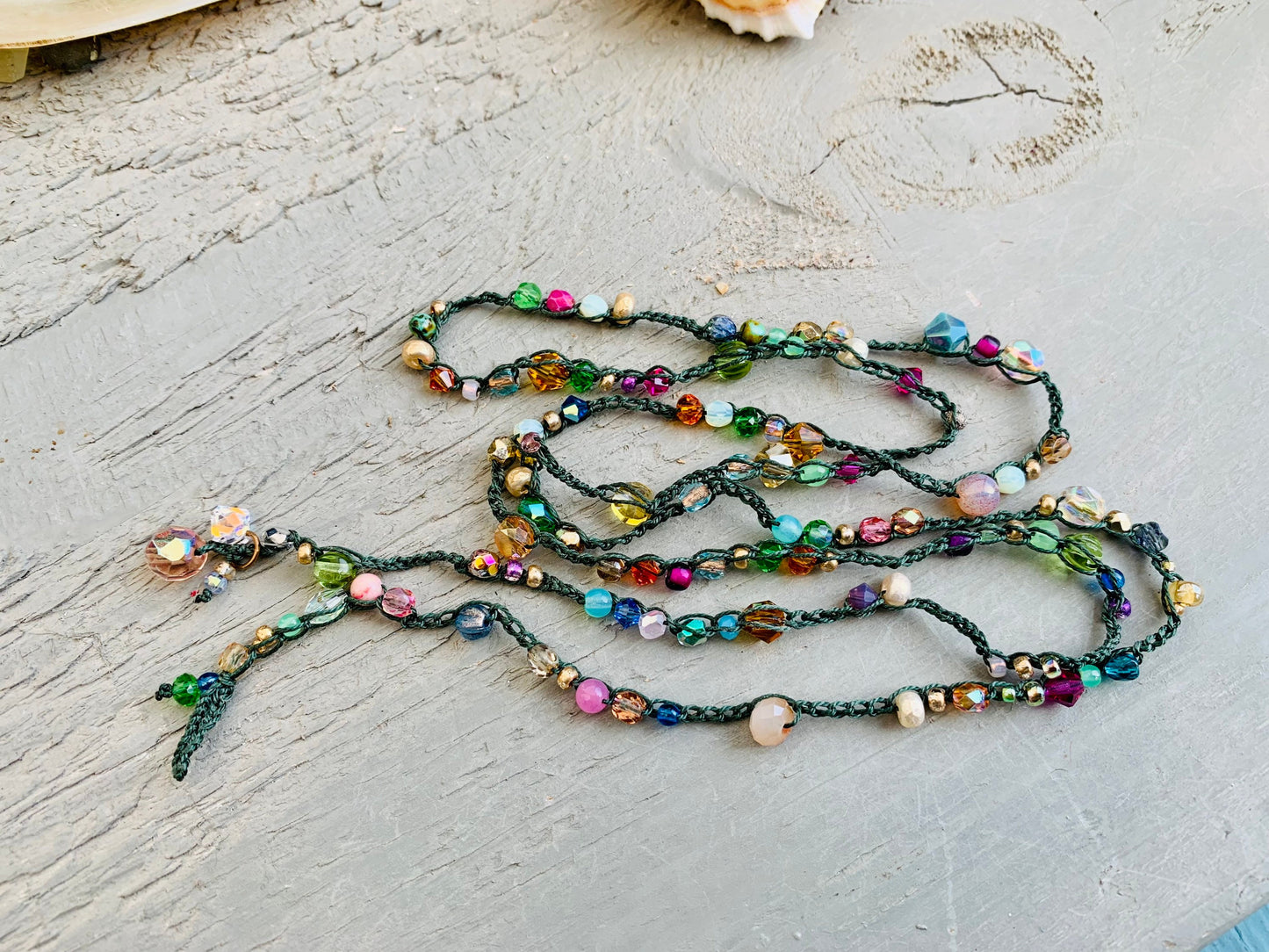 Deep green 4X wrap crocheted bracelet or long necklace with gemstones and crystals