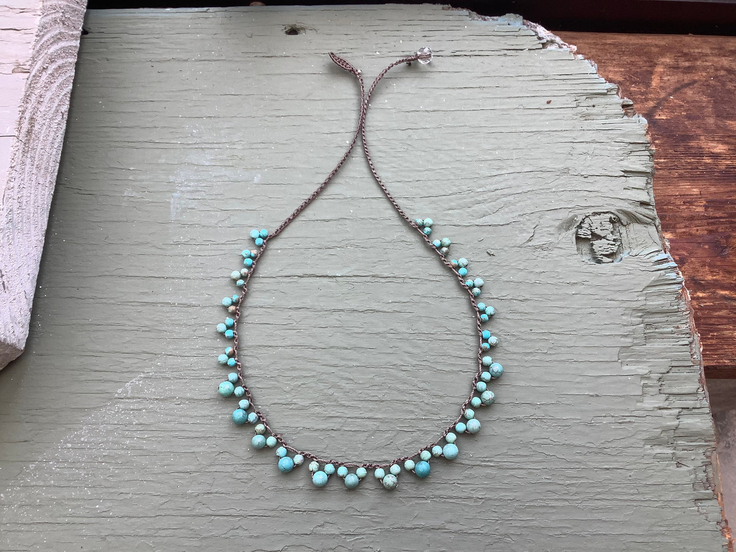 Turquoise Crocheted lace necklace, boho earthy metal free