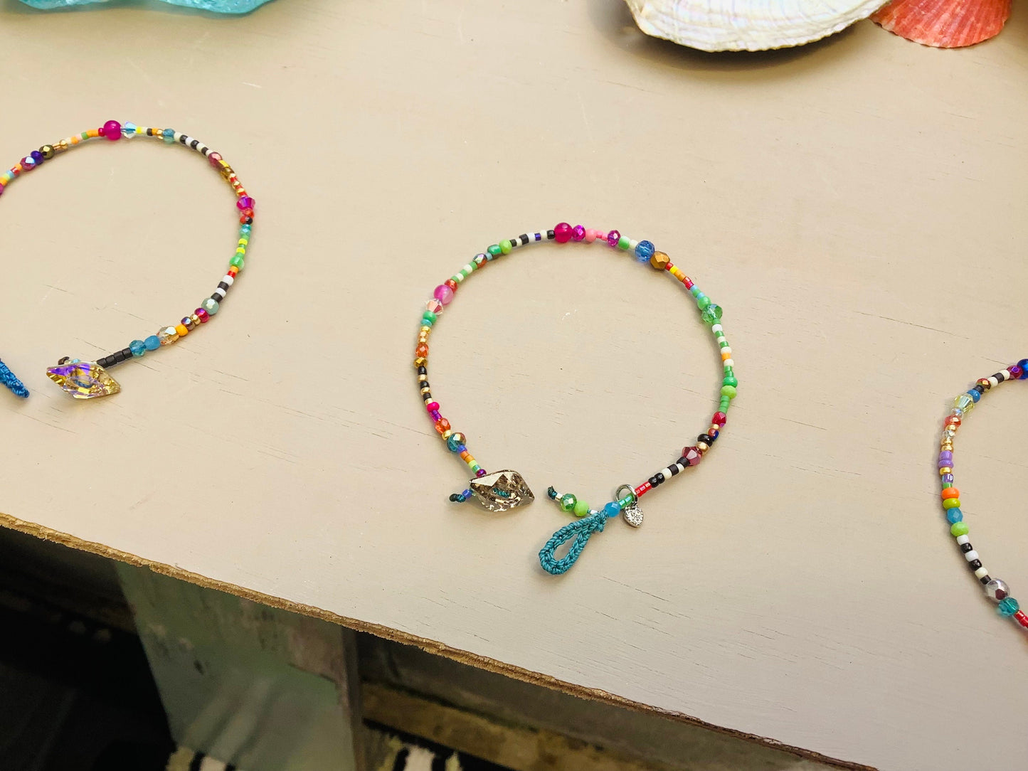 Delicate tiny bead colorful bracelet with Swarovski button