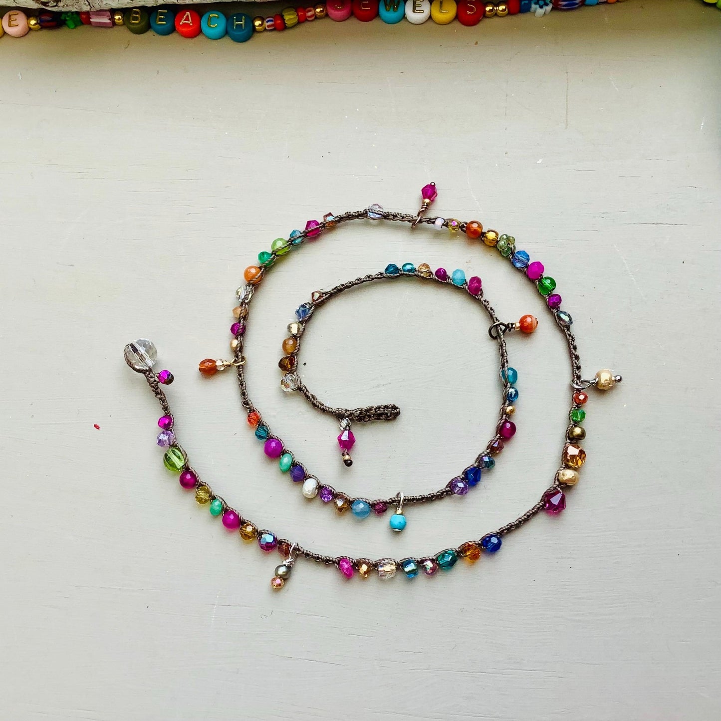 Gypsy anklet, with gem and crystal drops, natural relaxed wear, beach wear