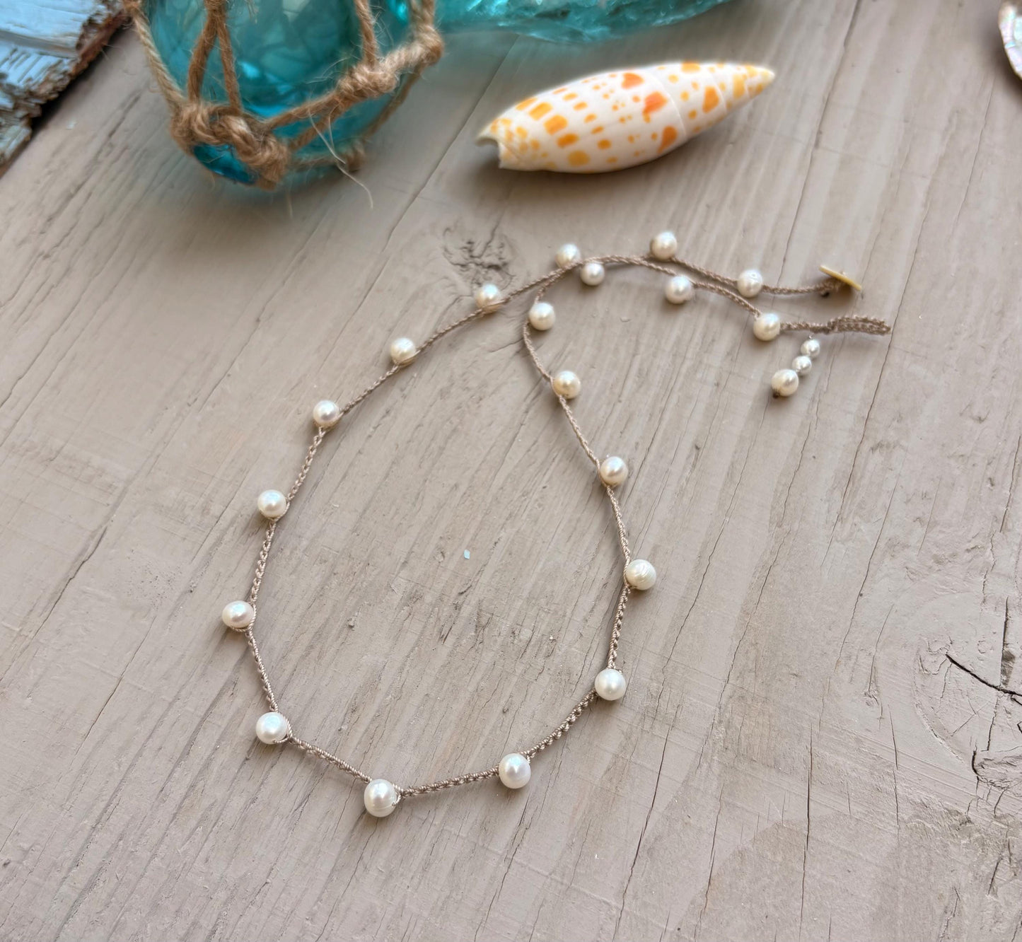 Freshwater pearl crocheted necklace, simple elegant natural