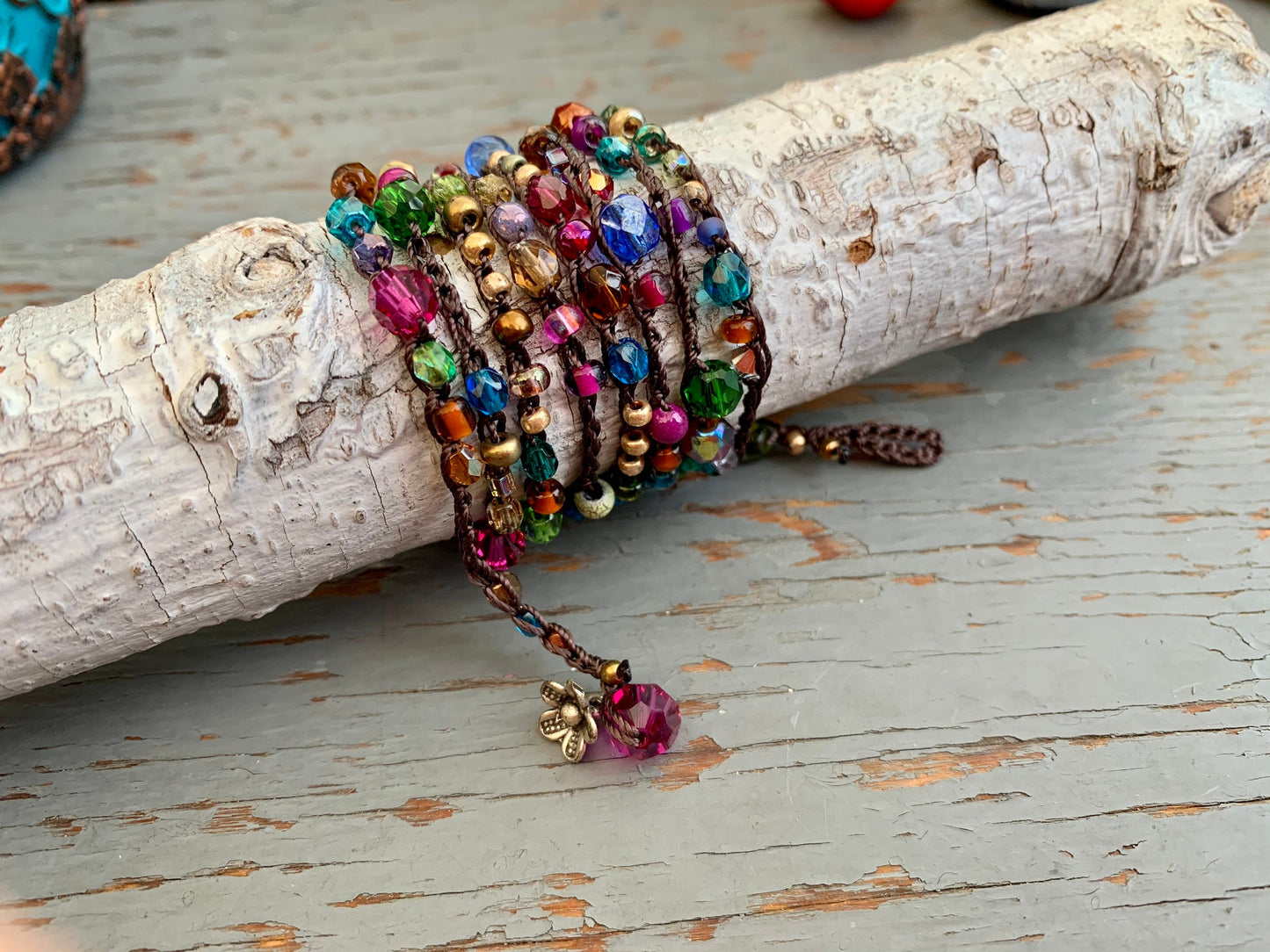 Splash of Pink crocheted wrap bracelet or necklace, natural crocheted jewelry