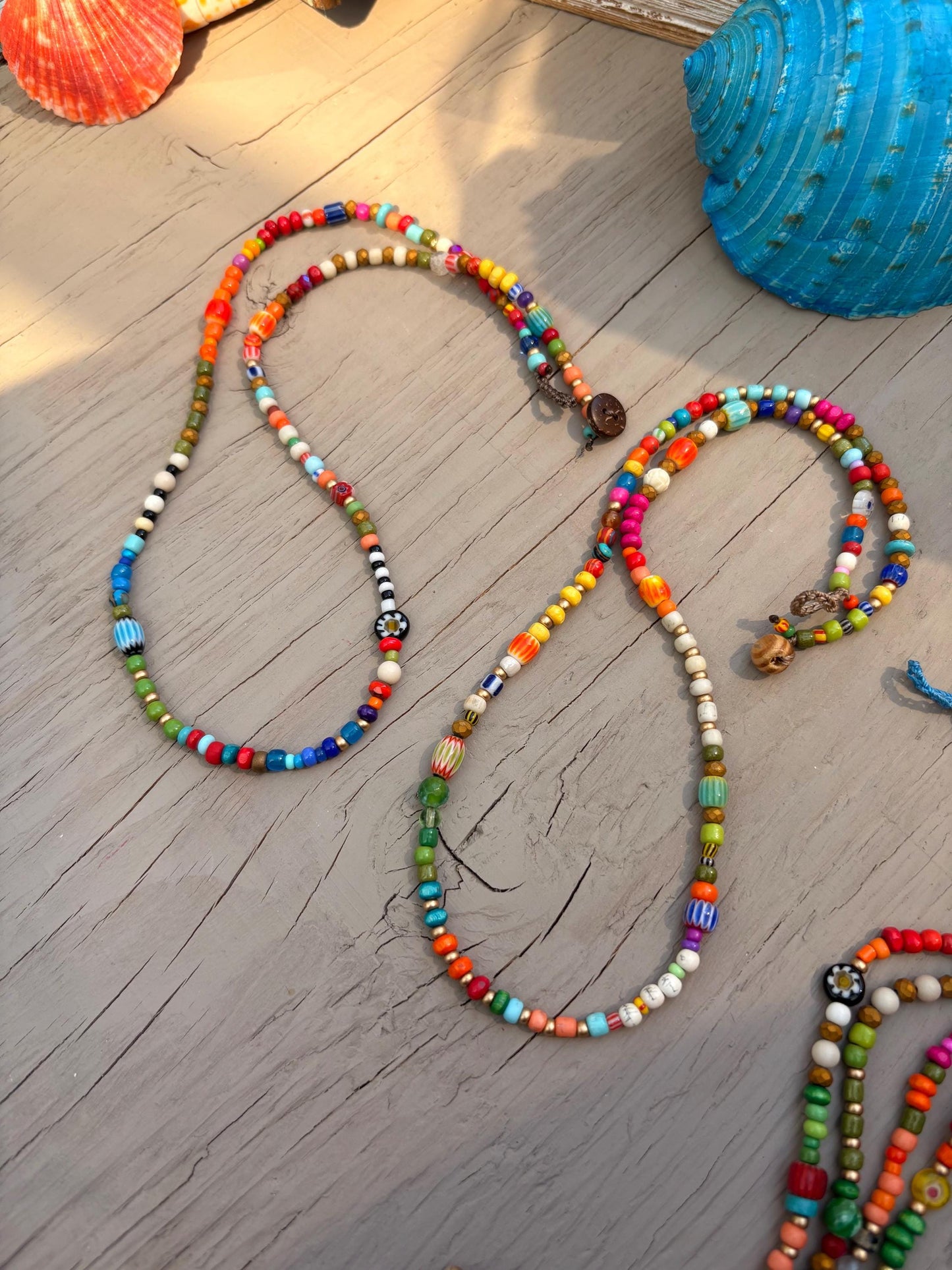 Colorful belize necklaces, made with specialty African Ghana beads, boho naturally crocheted jewelry