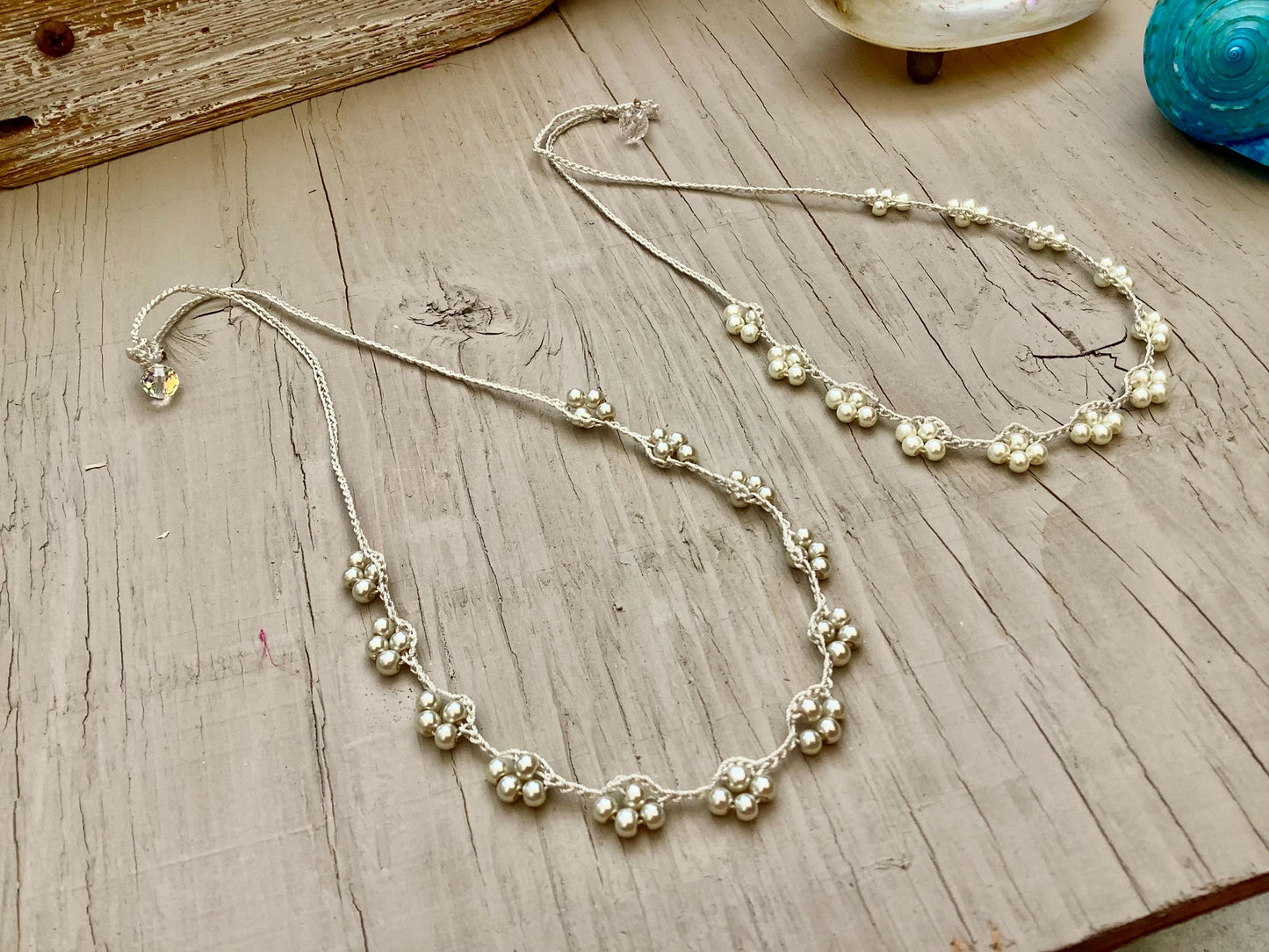 Turkish Lace Crocheted Necklace: Mother of Pearl, Crystal, Oya Style