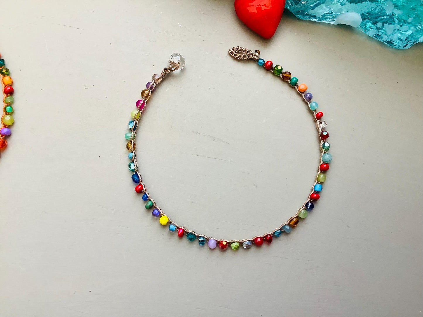 Sunkissed crocheted anklets with gemstones, beachy