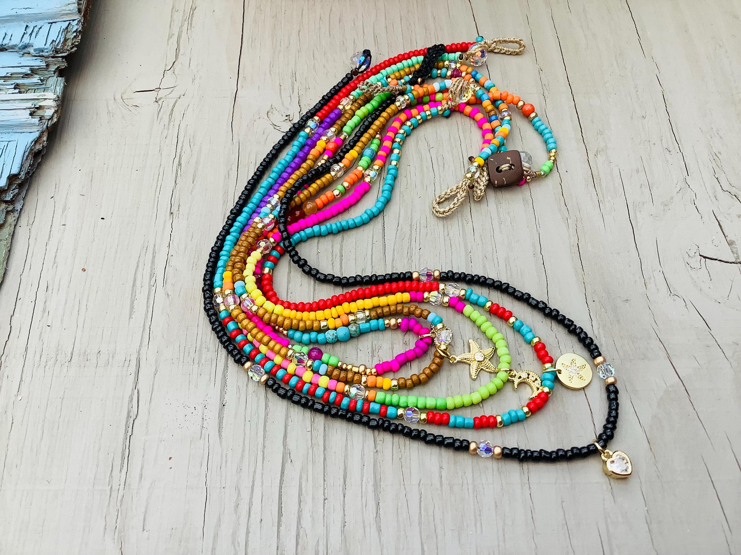 Seed Bead Stacking Necklace: Crystal & Gold Charm Pendant