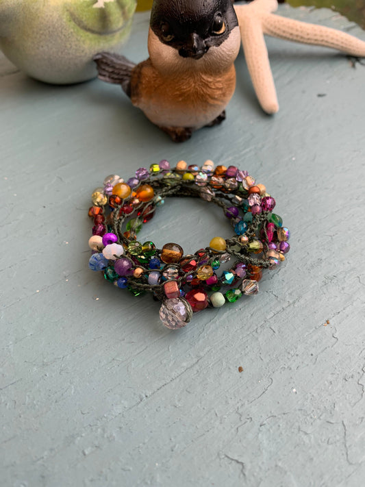 Deep green 4X wrap crocheted bracelet or long necklace with gemstones and crystals