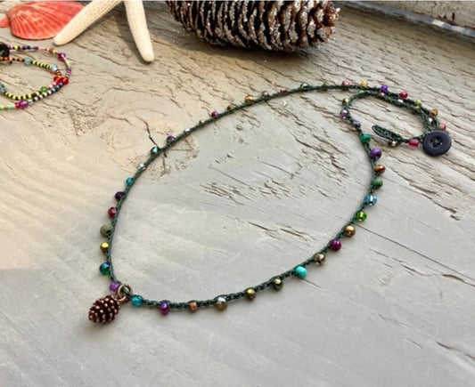 Crocheted Pinecone Necklace: Bronze Pinecone Pendant, Beaded Cord