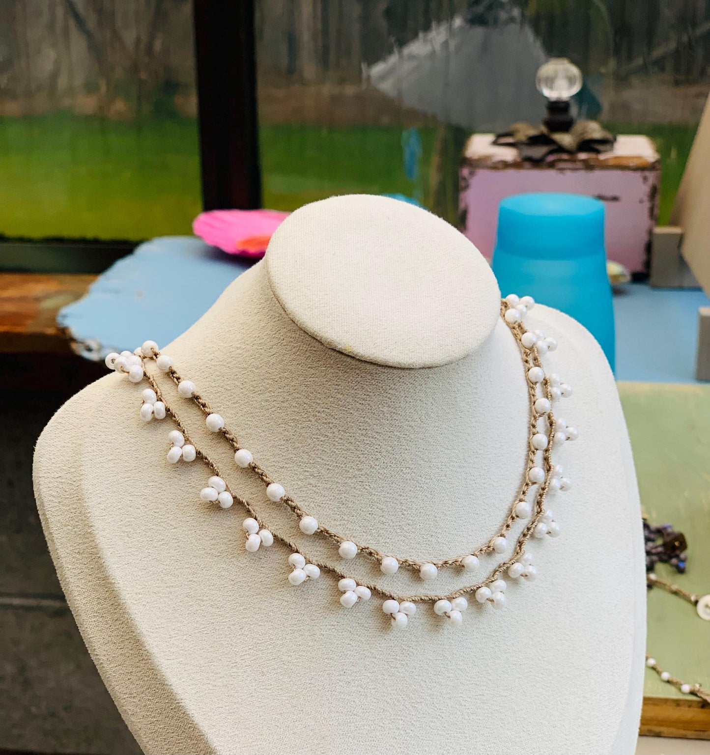 White Summer lace crocheted necklaces, boho, pretty summer necklace