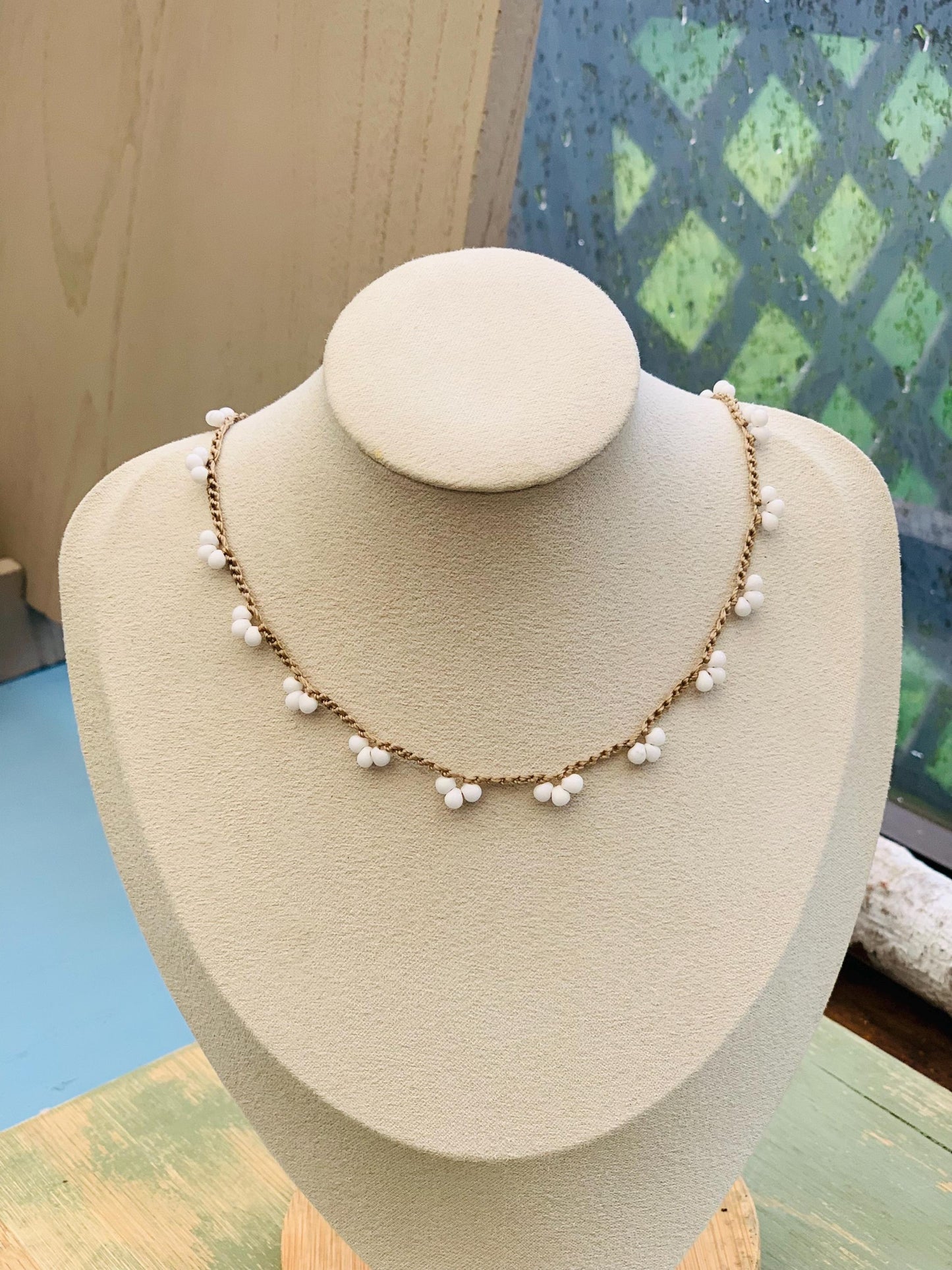 White lace crocheted necklace simple minimalist metal free