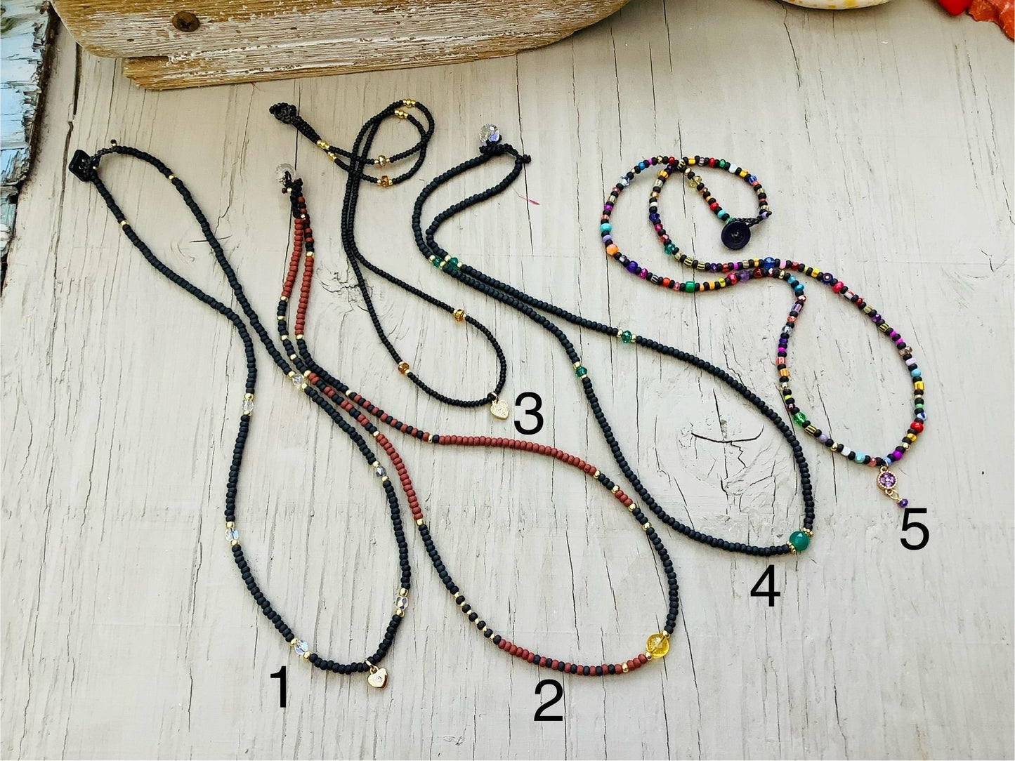 Matte black stacking seed bead and crystal necklaces