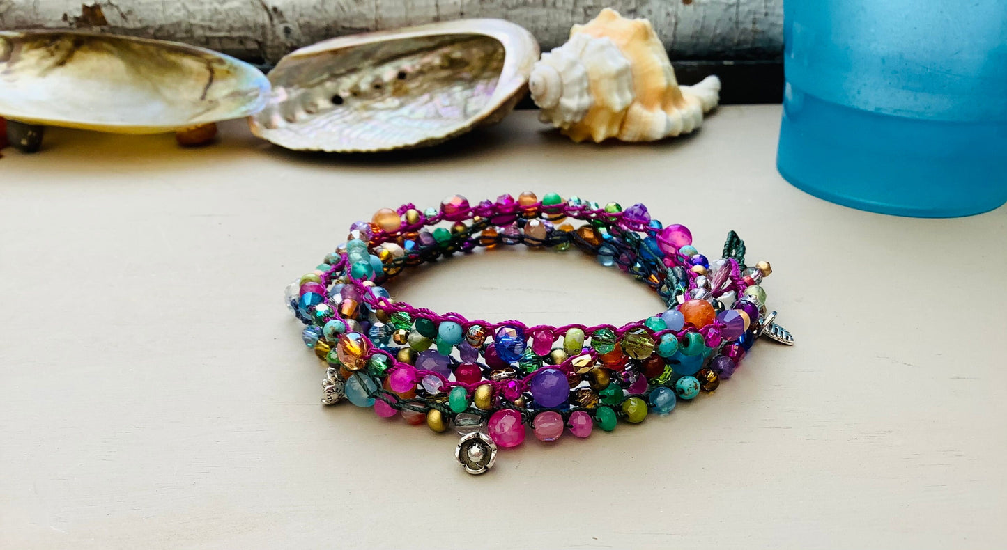 Fern green crocheted double bracelet pretty bracelet, early,natural jewelry