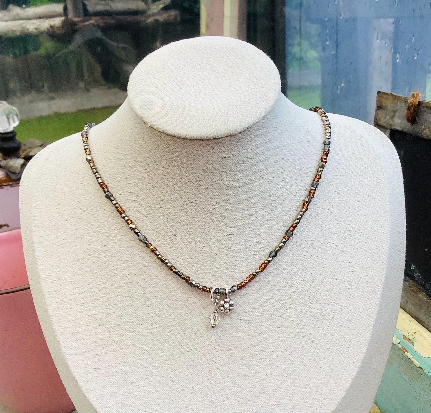 Tiny bead delica petite minimalist necklace with sterling pendant