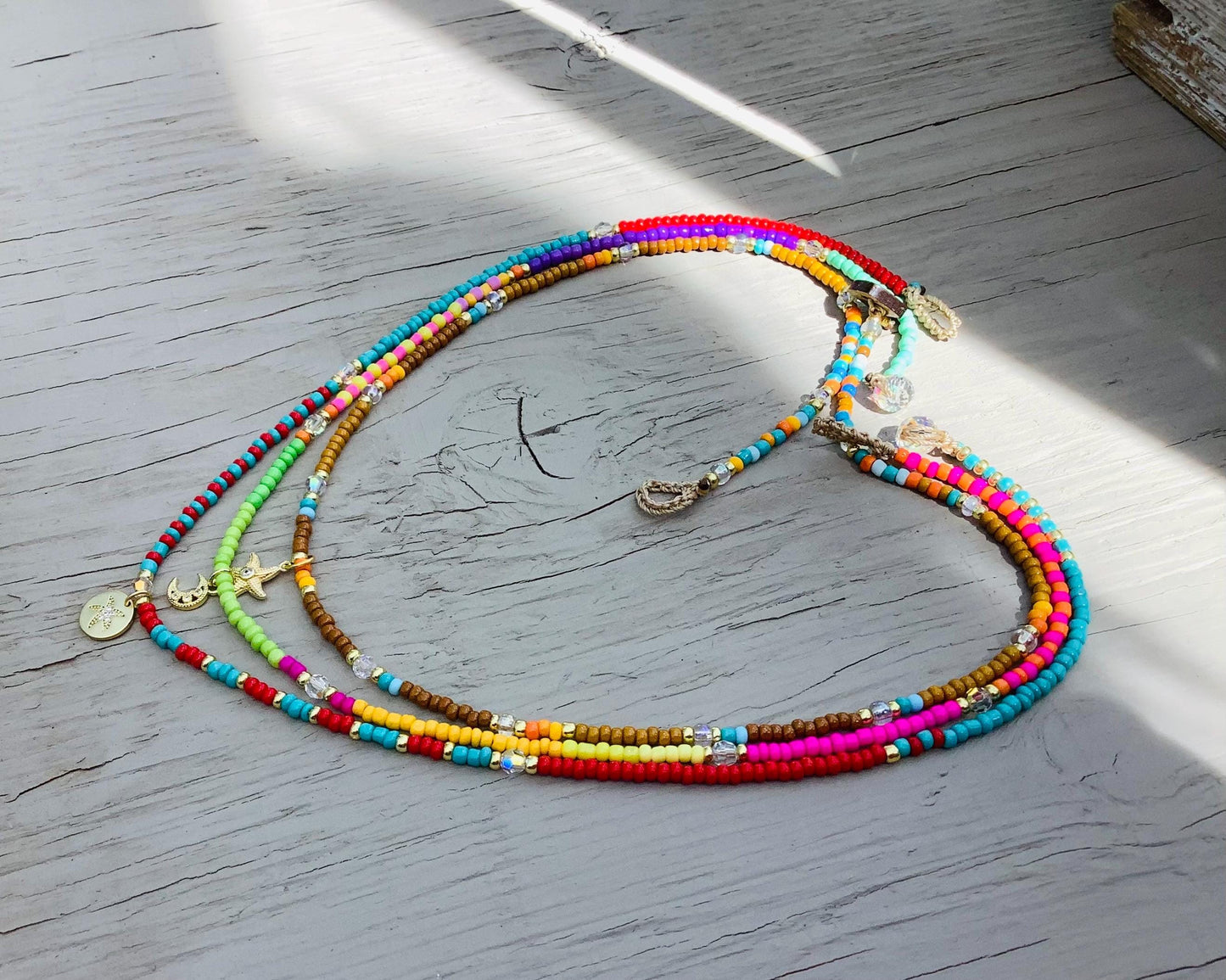 Seed Bead Stacking Necklace: Crystal & Gold Charm Pendant