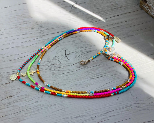 Seed Bead Stacking Necklace: Crystal & Gold Charm Pendant