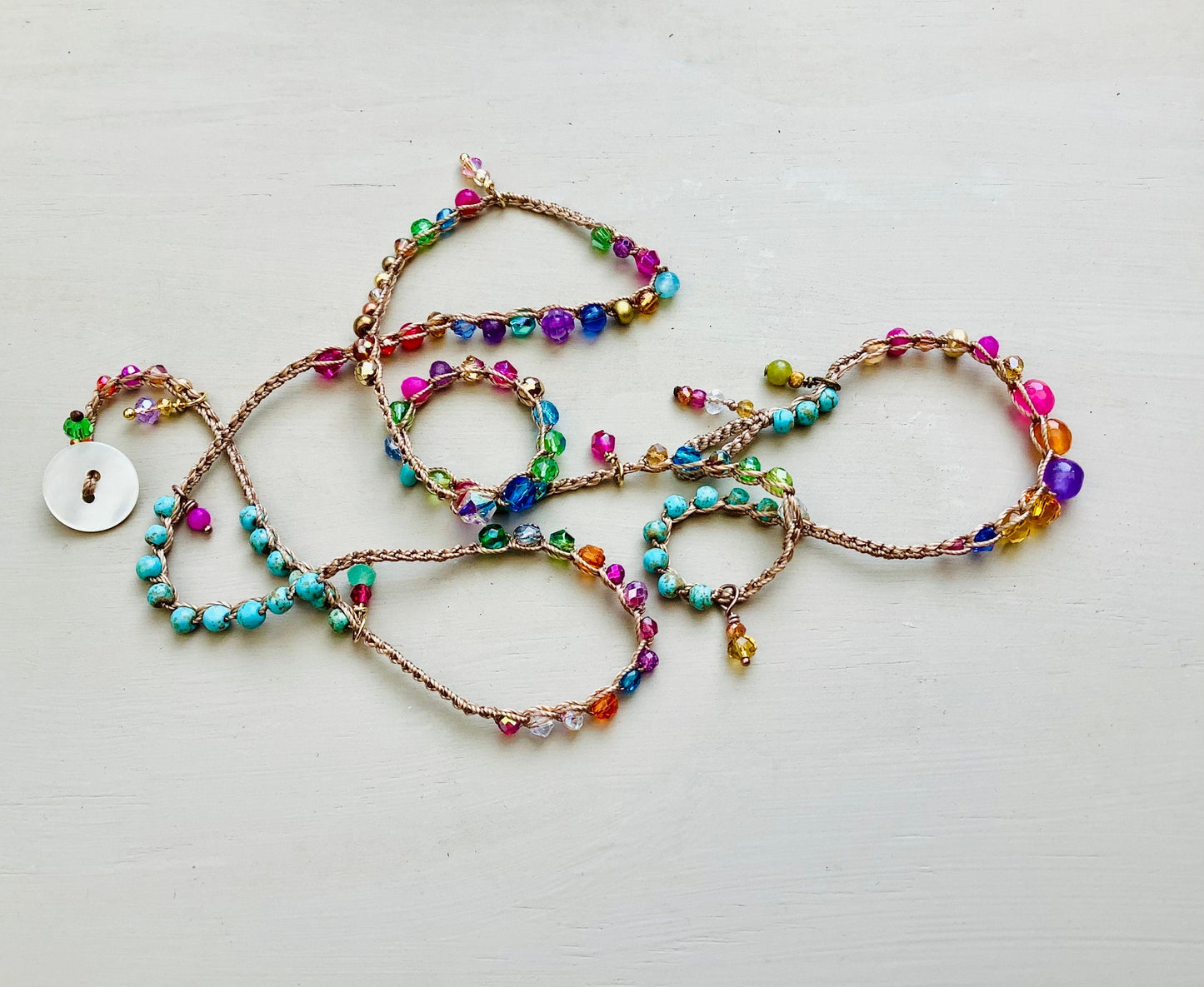 Island girl Turquoise 4 x gemstone crystal crocheted earthy wrap bracelet sable cord