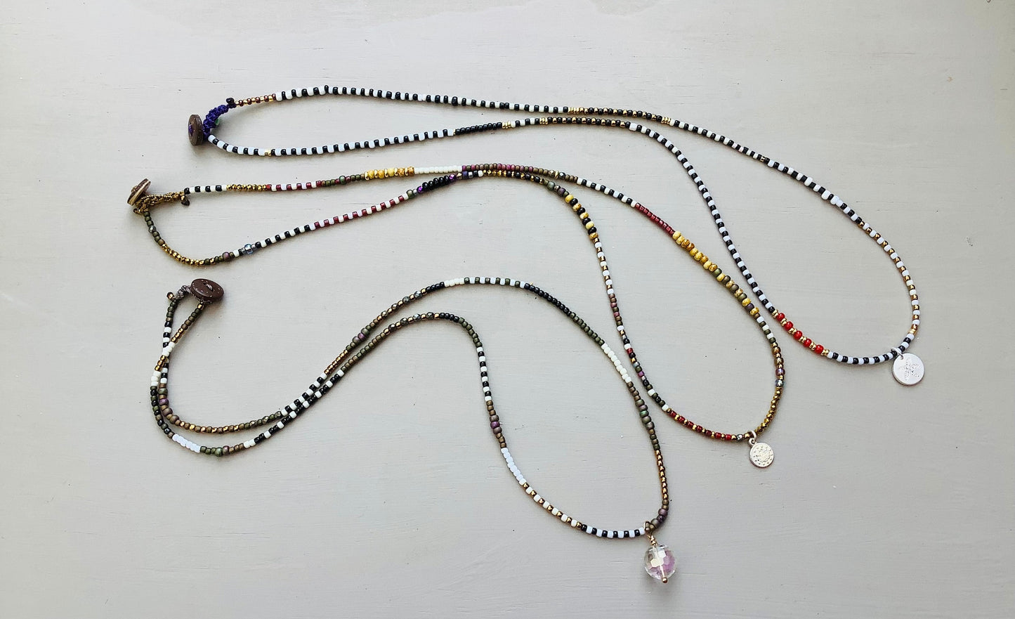 Striped Toho neutral tones petite glass necklaces