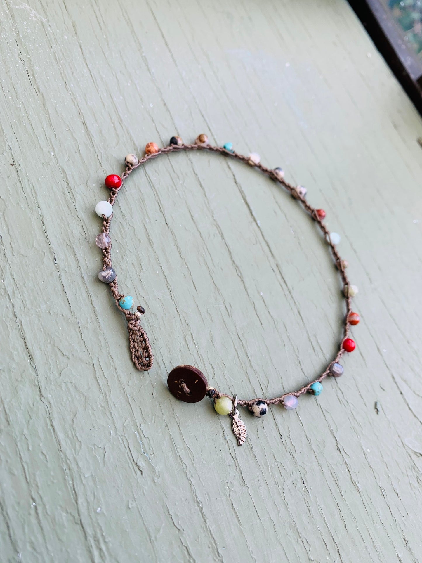 Dalmatian, jasper crocheted natural boho anklets