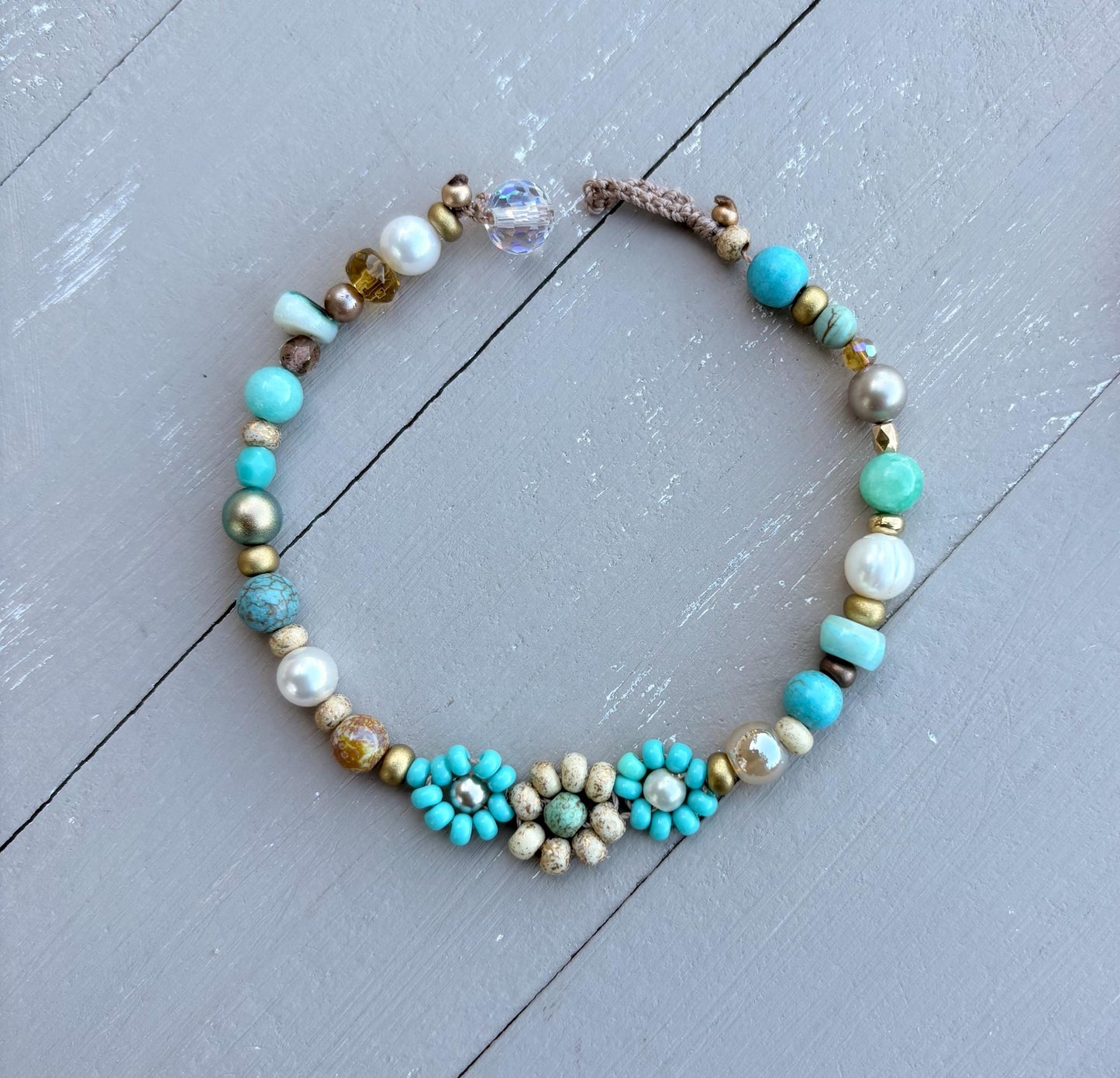 Flowers turquoise and pearl crocheted bracelet, boho