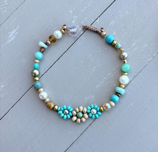 Flowers turquoise and pearl crocheted bracelet, boho