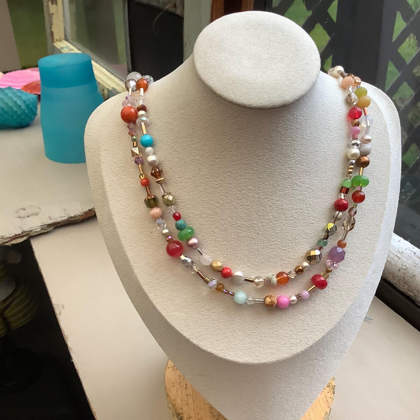 Colorful Gemstone Crystal Necklace: Crocheted Closure, Fun Friendship Jewelry