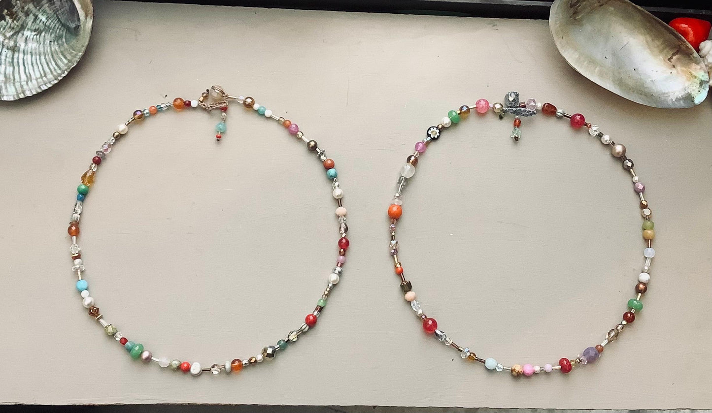 Colorful Gemstone Crystal Necklace: Crocheted Closure, Fun Friendship Jewelry