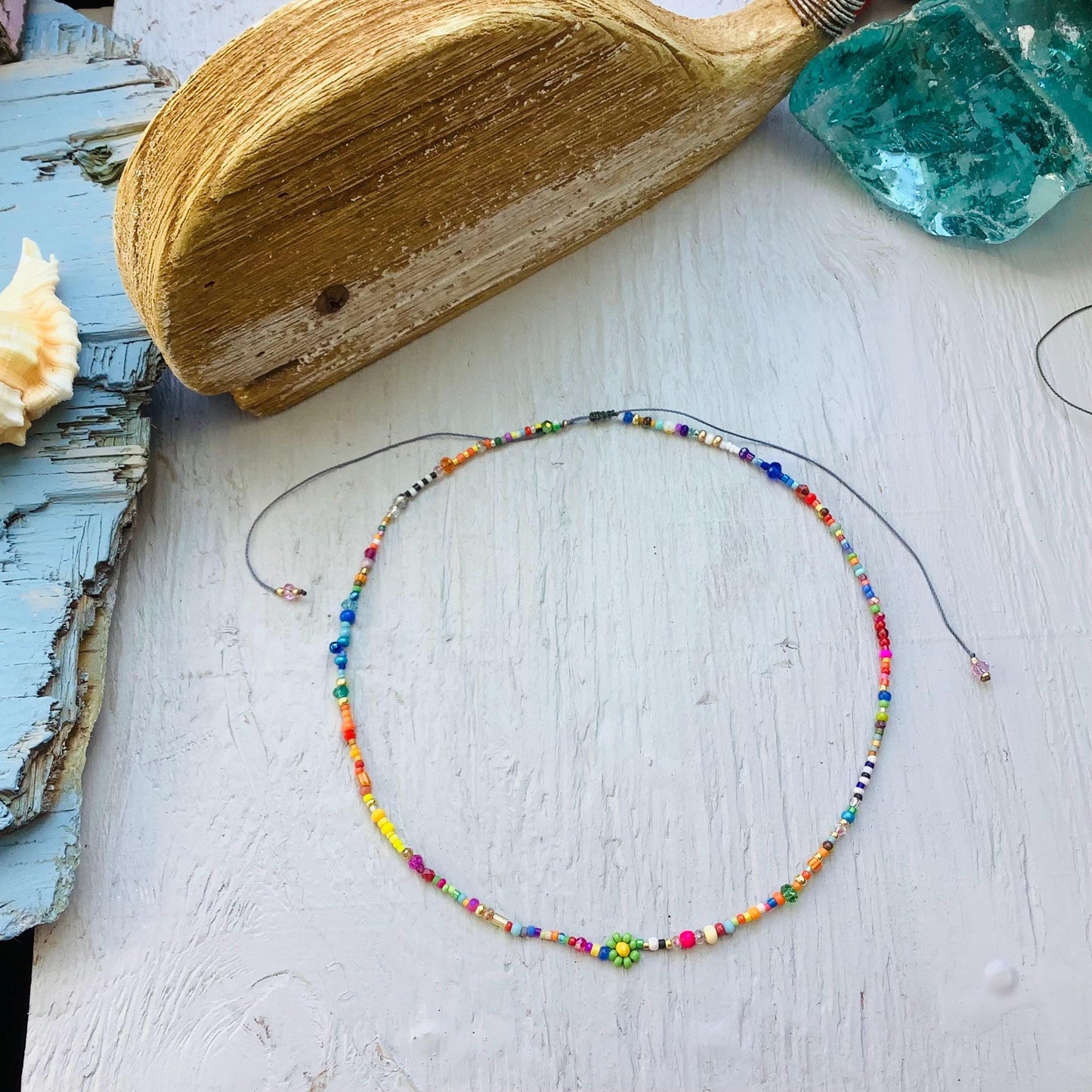 Colorful Seed Bead Choker: Beaded Flower Necklace