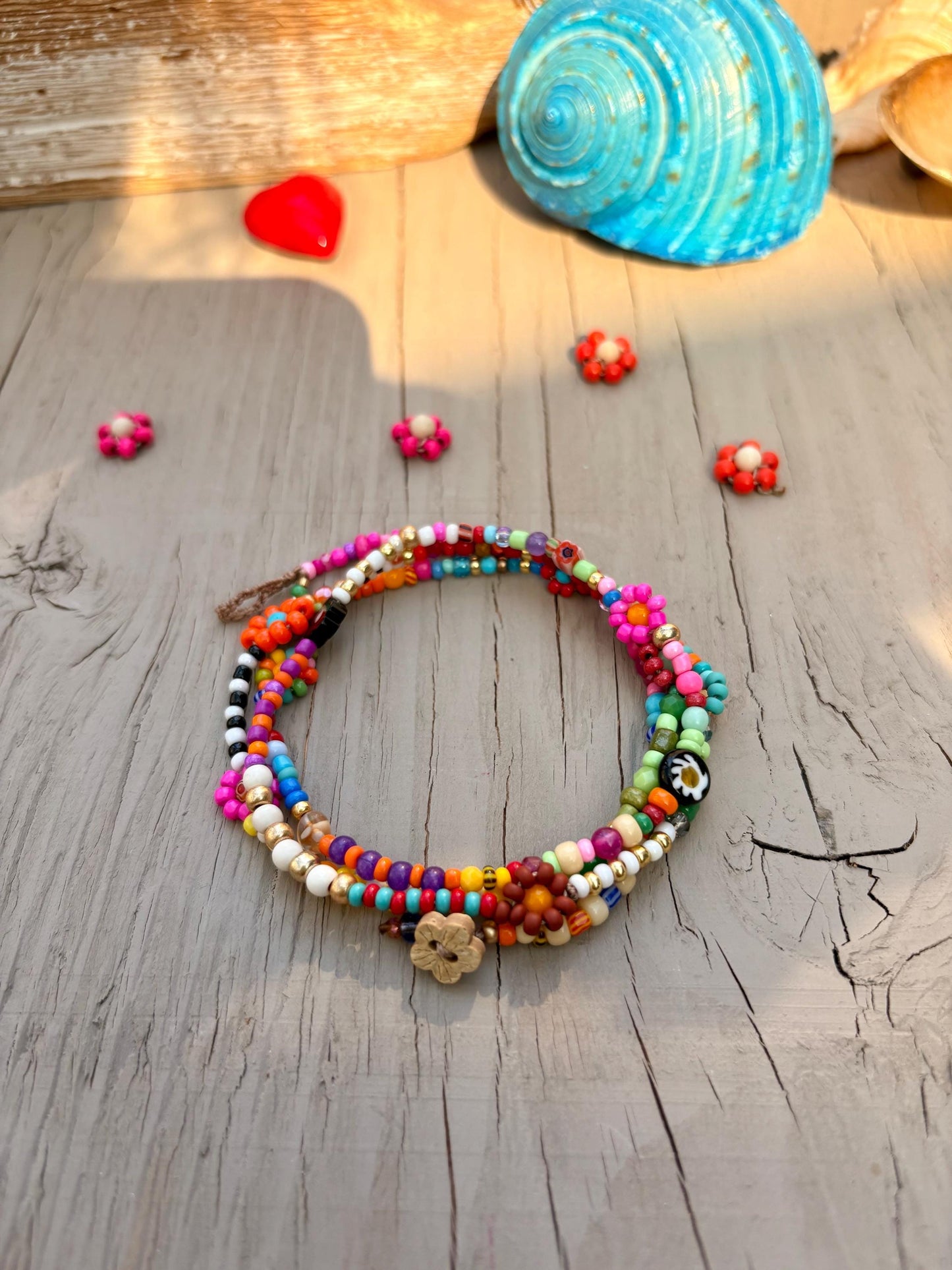 Handwoven Flower Lei Necklace: Colorful Seed Bead Summer Jewelry
