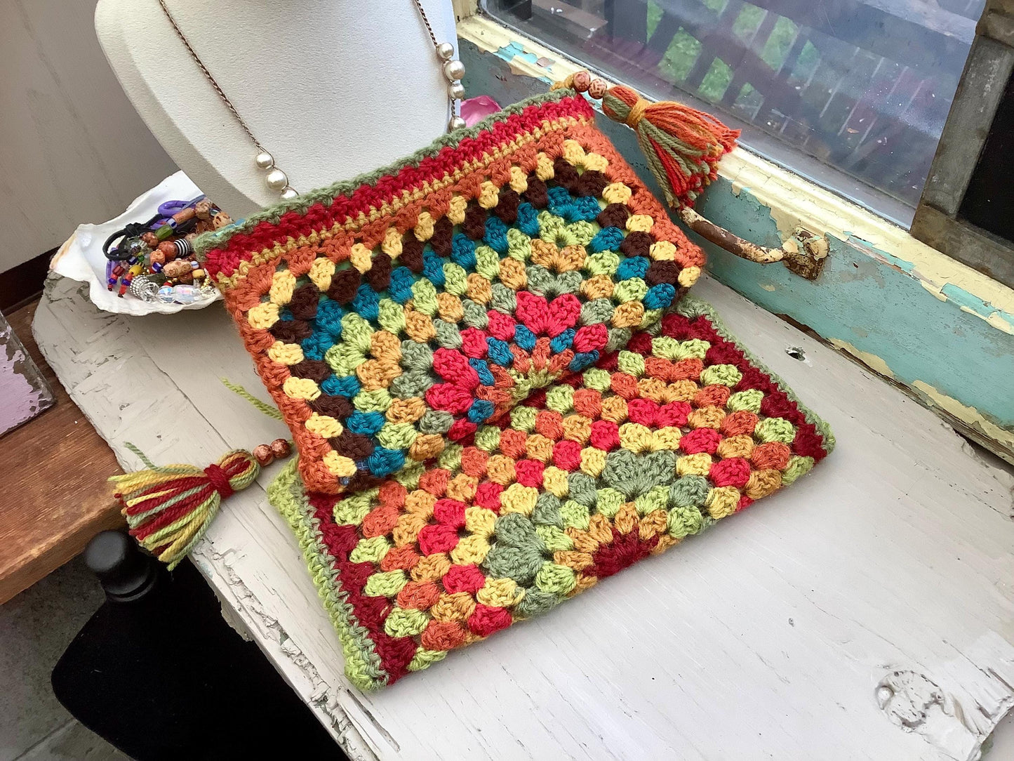 Handmade Granny Square Clutch: Norwegian Wool Boho Bag