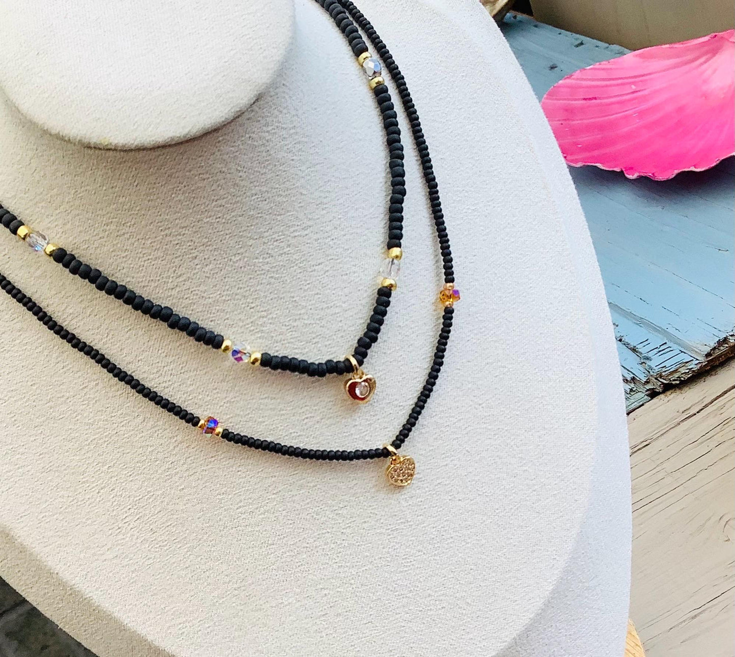 Matte black stacking seed bead and crystal necklaces