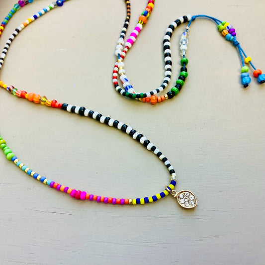 Colorful Toho Delica Beaded Necklace with Gold Leaf Charm