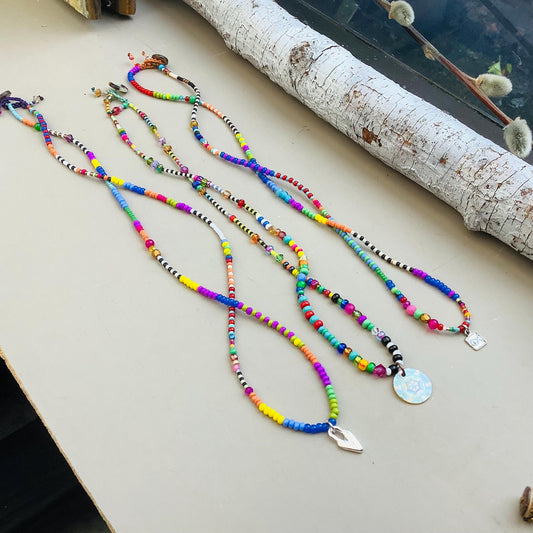 Striped Beaded Necklace: Colorful Delica Glass, Gemstone Pendant