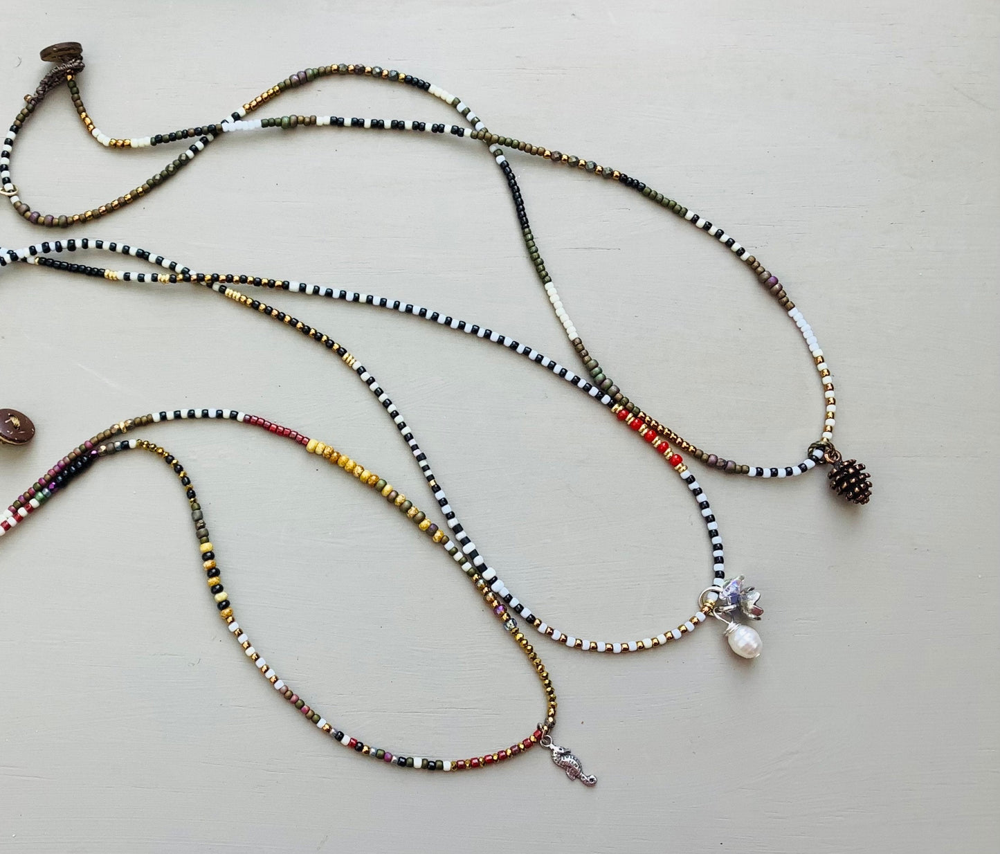 Striped Toho neutral tones petite glass necklaces