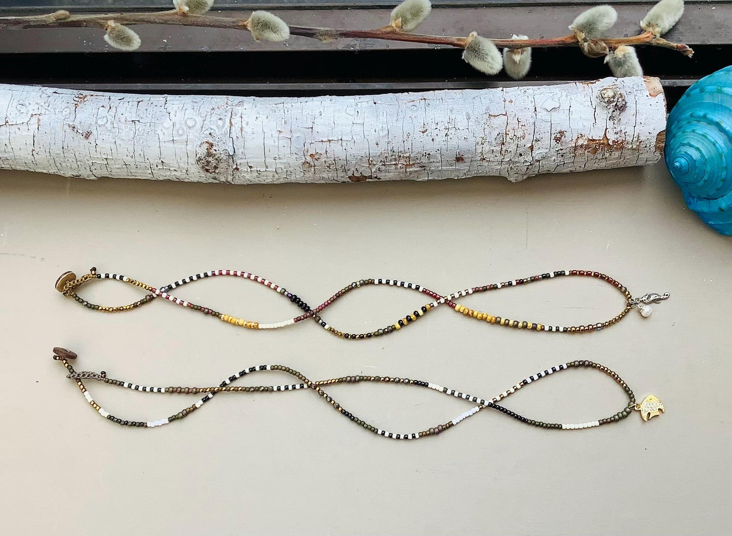 Striped Beaded Necklace: Colorful Delica Glass, Gemstone Pendant