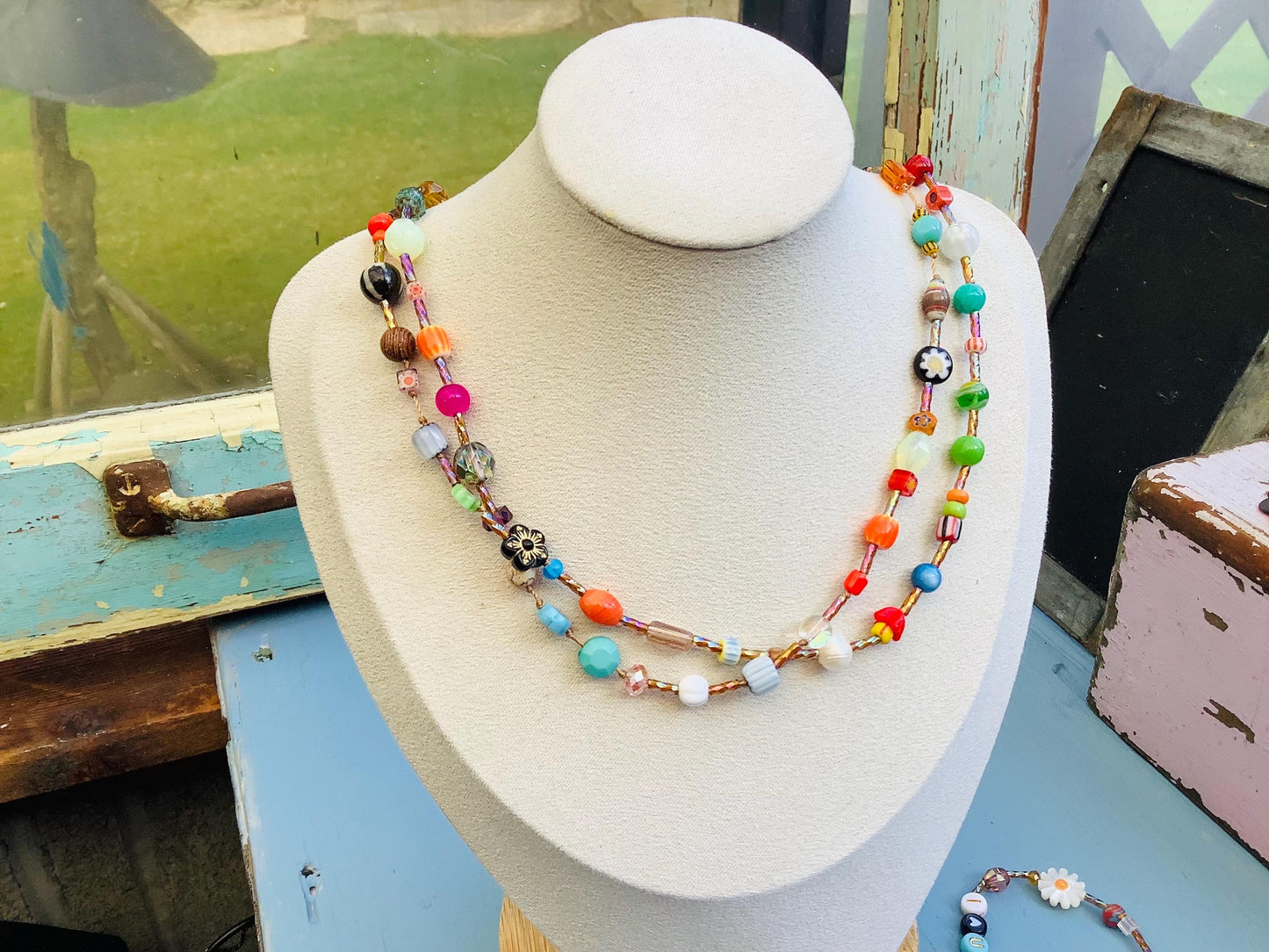Colorful Gemstone Crystal Necklace: Venetian Ghana Beads, Crocheted Closure