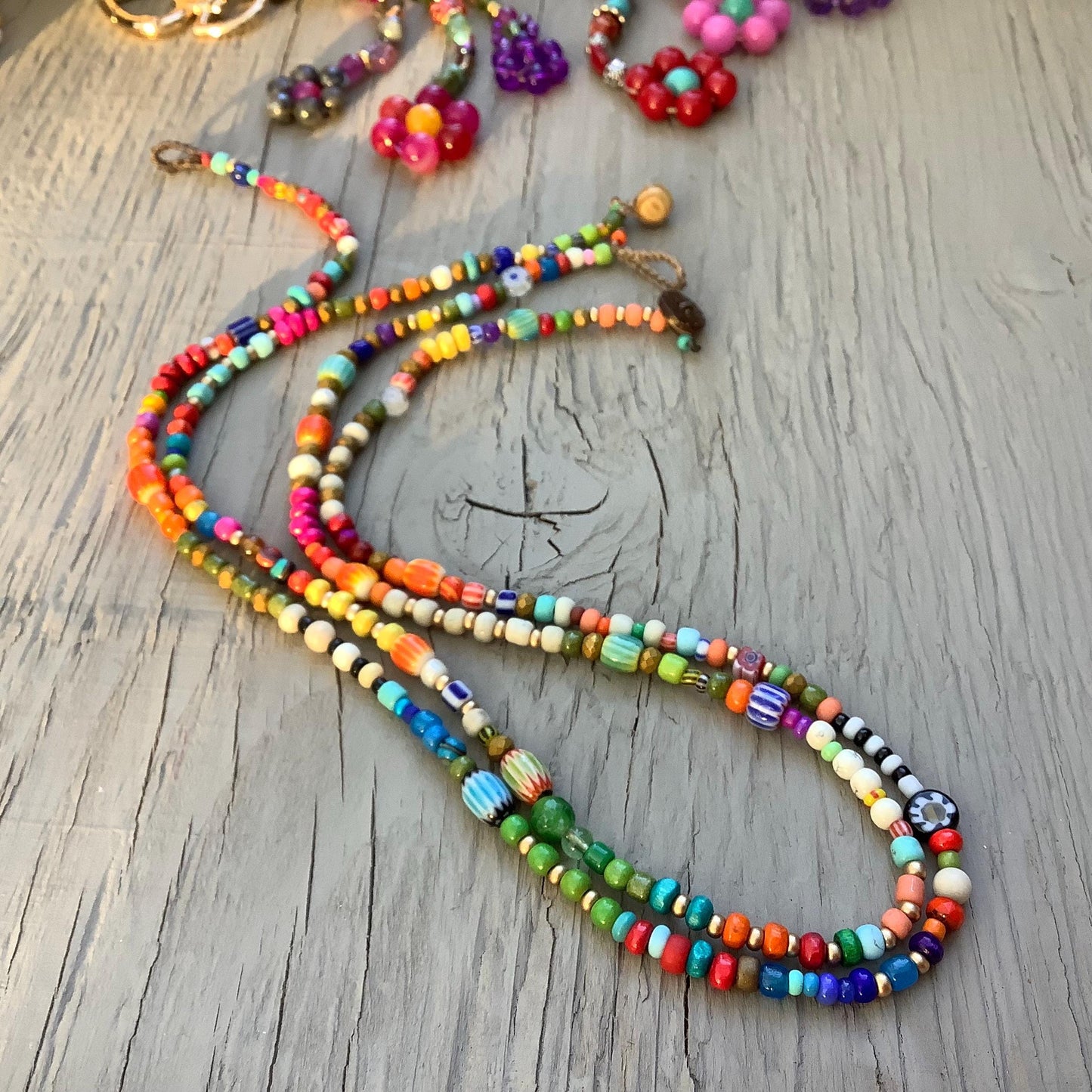 Colorful belize necklaces, made with specialty African Ghana beads, boho naturally crocheted jewelry