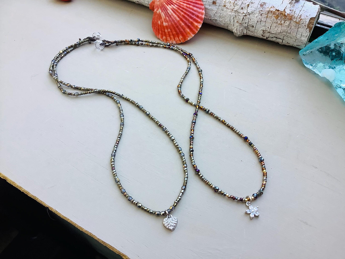 Tiny bead delica petite minimalist necklace with sterling pendant